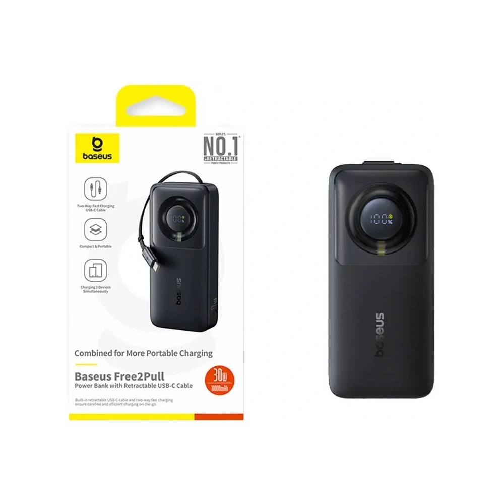 Powerbank Baseus OS Free2Pull 10000mAh 30W + wbudowany kabel USB-C (czarny)