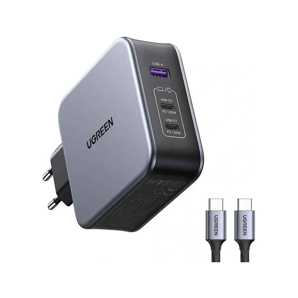 Ładowarka sieciowa UGREEN Nexode 140W C289 GaN USB-A, 2xUSB-C + kabel USB-C / USB-C 2m (czarna)