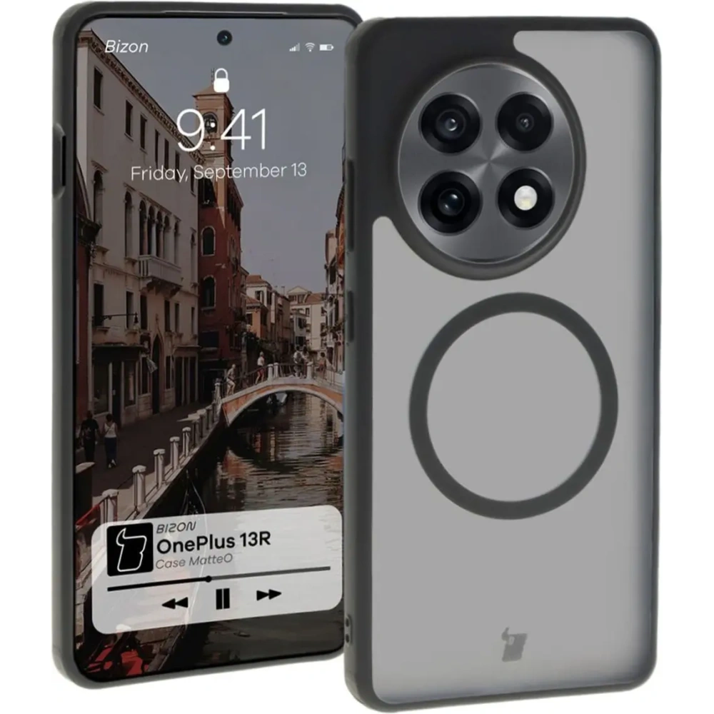 Etui z pierścieniem magnetycznym Bizon Case MatteO do OnePlus 13R półprzezroczyste z czarną ramką