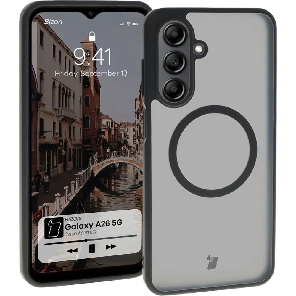 Etui z pierścieniem magnetycznym Bizon Case MatteO do Samsung Galaxy A26 5G półprzezroczyste z czarną ramką