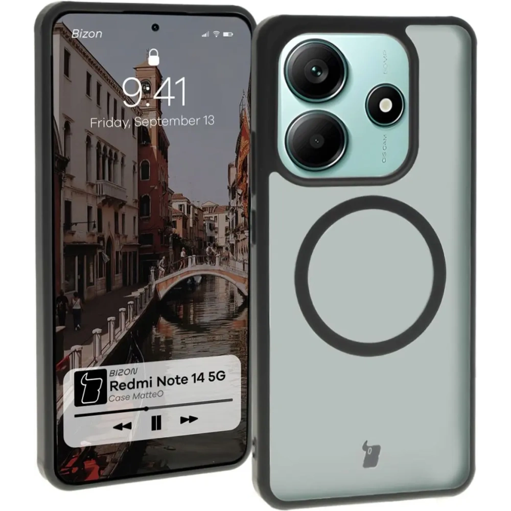 Etui z pierścieniem magnetycznym Bizon Case MatteO do Xiaomi Redmi Note 14 5G półprzezroczyste z czarną ramką