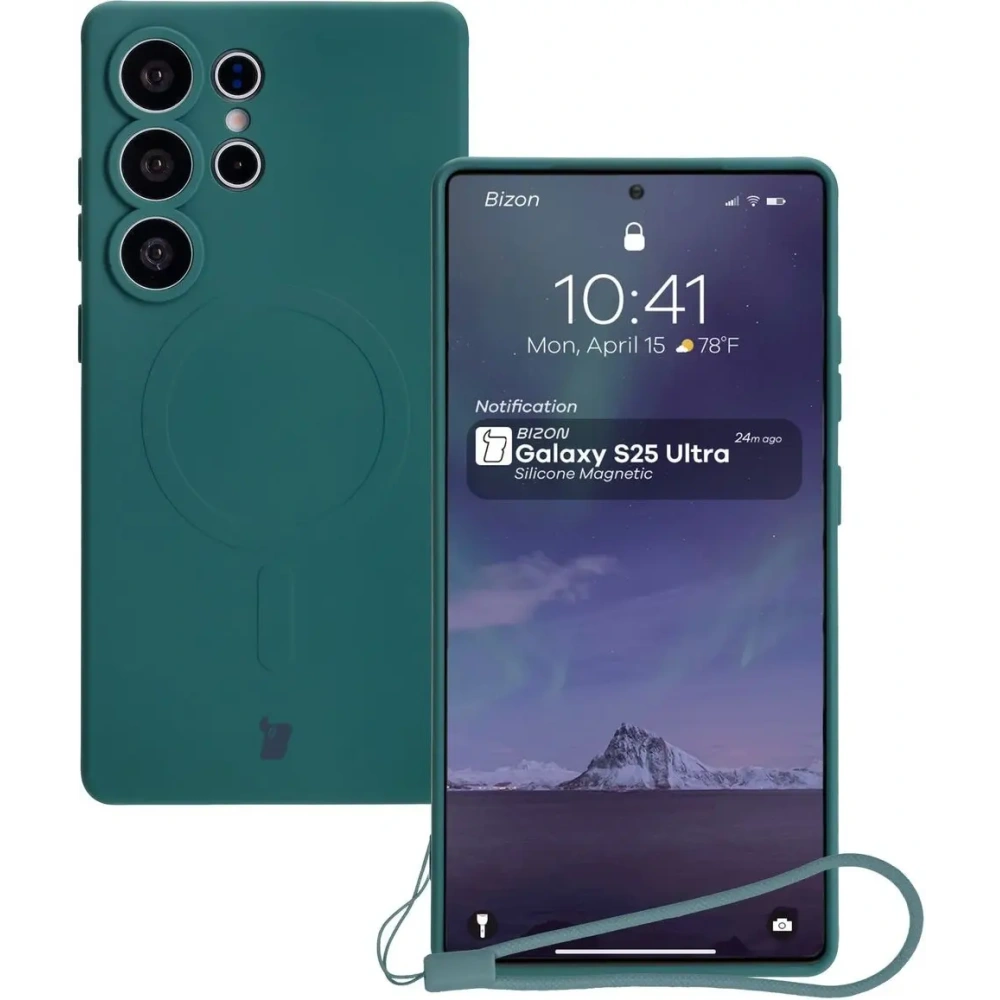 Silikonowe etui z pierścieniem magnetycznym Bizon Case Silicone Magnetic do Samsung Galaxy S25 Ultra ciemnozielone