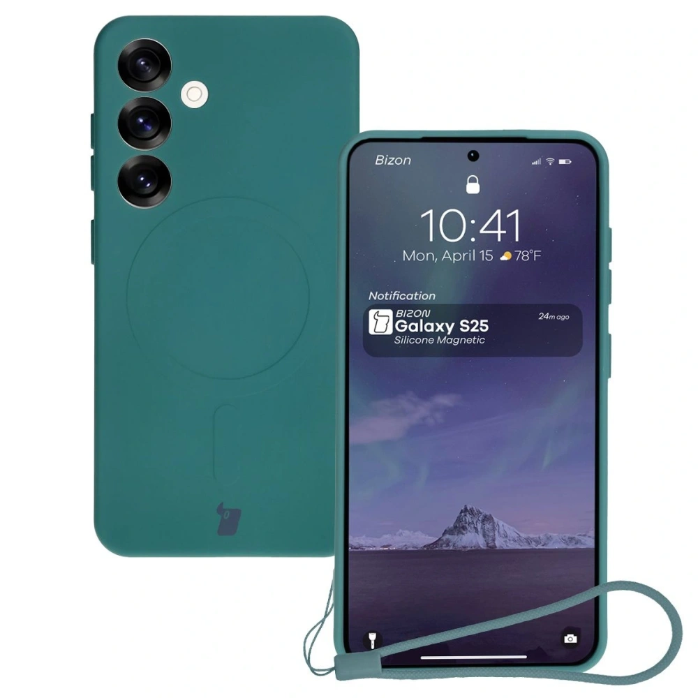 Silikonowe etui z pierścieniem magnetycznym Bizon Case Silicone Magnetic do Samsung Galaxy S25 / Galaxy S24 ciemnozielone