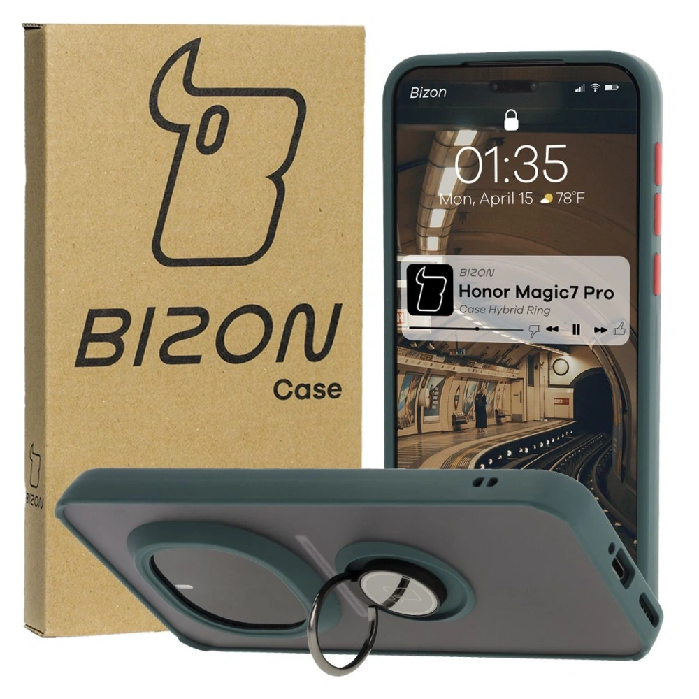 Etui z uchwytem na palec Bizon Case Hybrid Ring do Honor Magic7 Pro przydymione z ciemnozieloną ramką