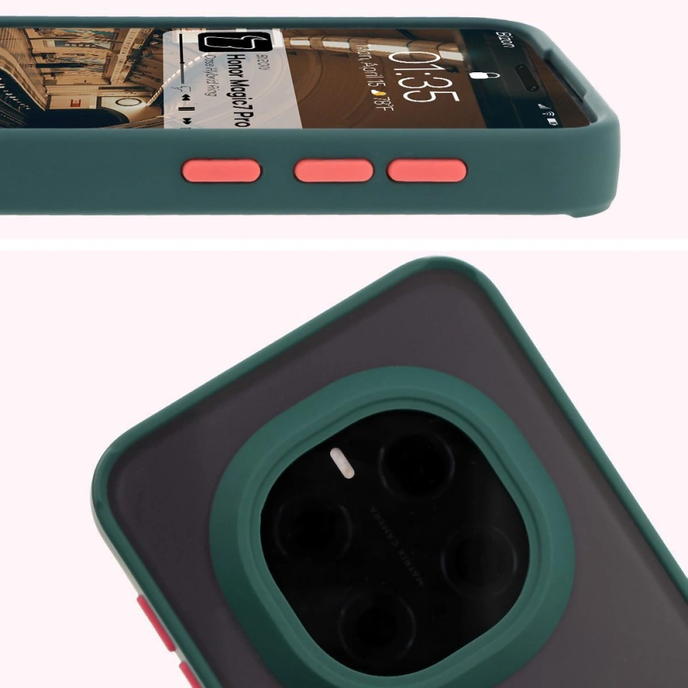 Etui z uchwytem na palec Bizon Case Hybrid Ring do Honor Magic7 Pro przydymione z ciemnozieloną ramką