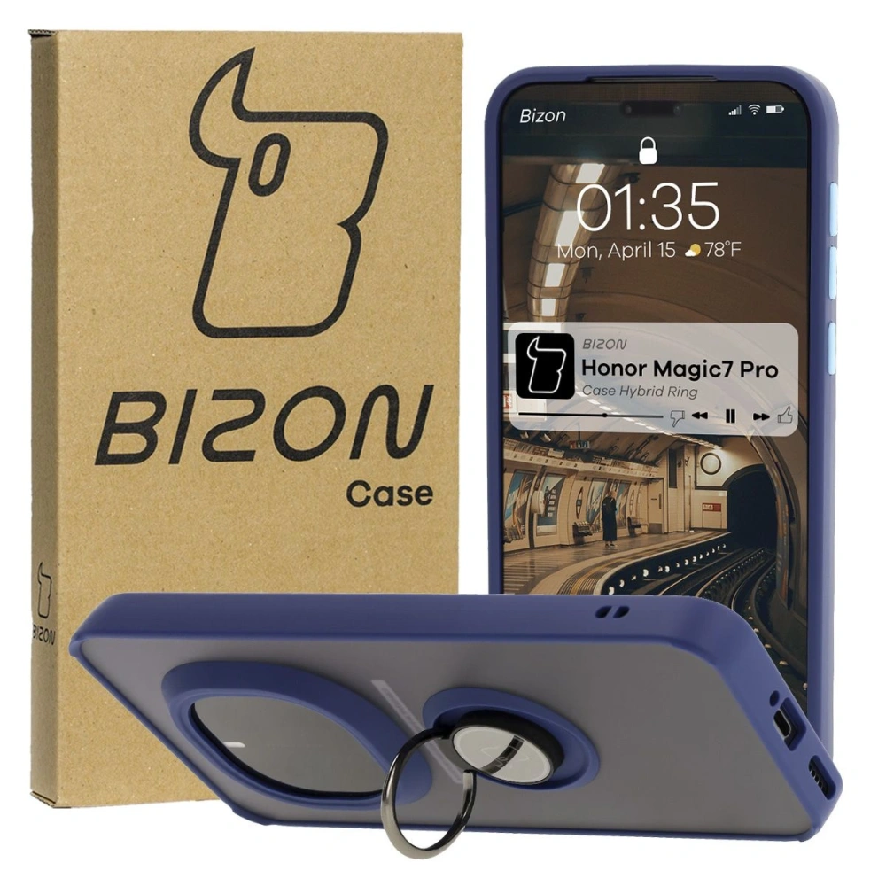 Etui z uchwytem na palec Bizon Case Hybrid Ring do Honor Magic7 Pro przydymione z granatową ramką