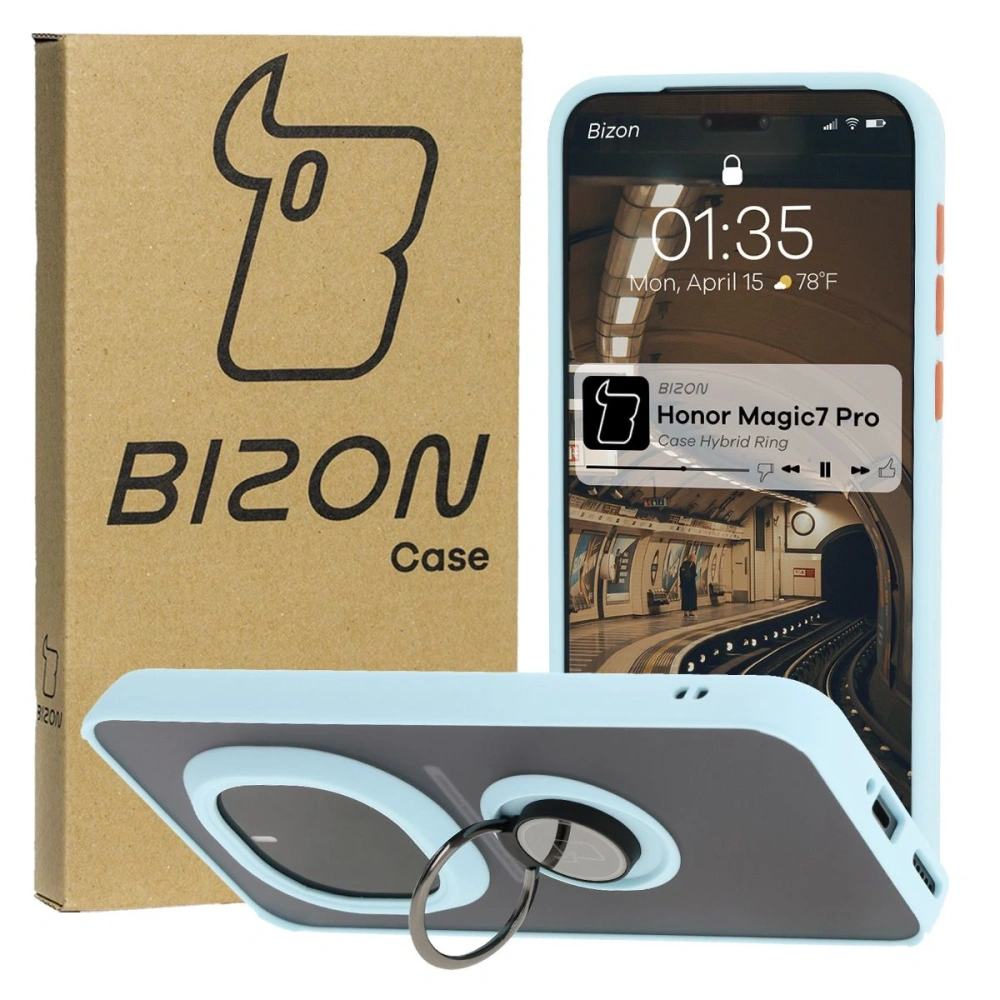 Etui z uchwytem na palec Bizon Case Hybrid Ring do Honor Magic7 Pro przydymione z jasnoniebieską ramką