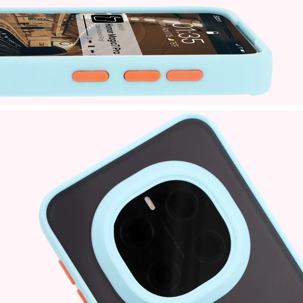 Etui z uchwytem na palec Bizon Case Hybrid Ring do Honor Magic7 Pro przydymione z jasnoniebieską ramką