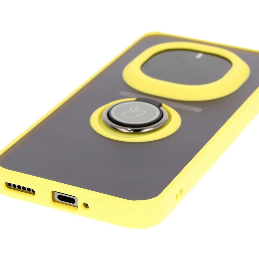 Etui z uchwytem na palec Bizon Case Hybrid Ring do Honor Magic7 Pro przydymione z żółtą ramką