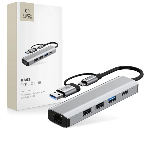 Kup Adaptér Tech-Protect HB03 HUB 5in1 USB-C + USB-A 2.0 + USB-A 3.0 + Ethernet RJ45 Space Grey - THP3864 - {ean13} - Sklep Home Screen