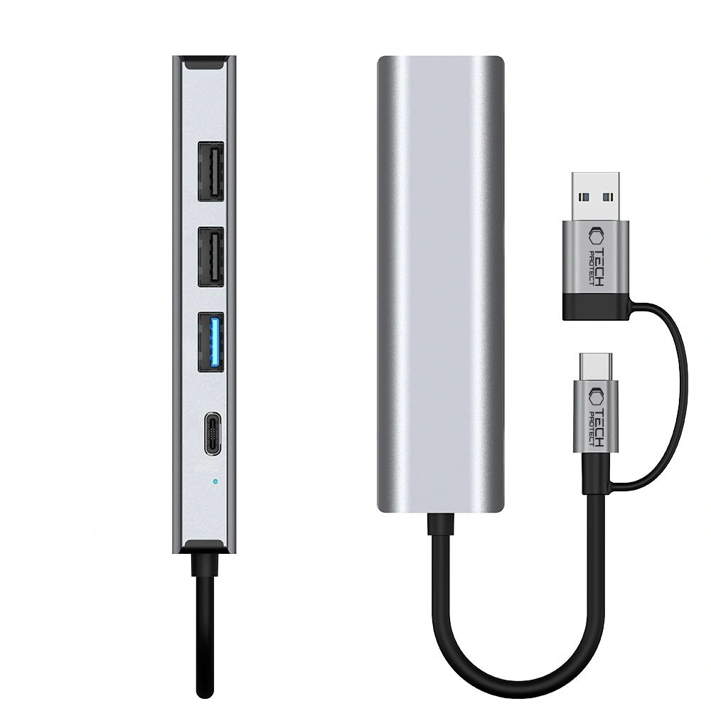 Adapter Tech-Protect HB03 HUB 5in1 USB-C + USB-A 2.0 + USB-A 3.0 + Ethernet RJ45 Space Grey