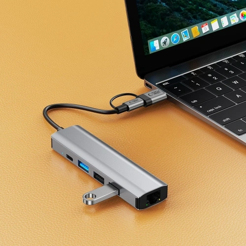 Kup Adaptér Tech-Protect HB03 HUB 5in1 USB-C + USB-A 2.0 + USB-A 3.0 + Ethernet RJ45 Space Grey - THP3864 - {ean13} - Sklep Home Screen