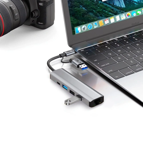 Kup Tech-Protect HB03 HUB Adapter 5in1 USB-C + USB-A 2.0 + USB-A 3.0 + Ethernet RJ45 Gri Spațial - THP3864 - {ean13} - Sklep Home Screen