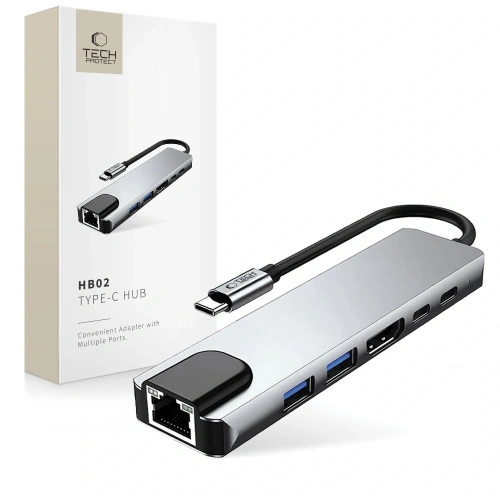 Kup Tech-Protect HB02 HUB Adapter 6in1 USB-C + USB-A 2.0 + USB-A 3.0 + HDMI 4K30Hz + Ethernet RJ45 + PD 100W Gri Spațial - THP3865 - {ean13} - Sklep Home Screen
