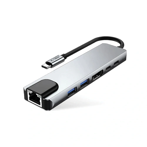 Kup Tech-Protect HB02 HUB Adapter 6in1 USB-C + USB-A 2.0 + USB-A 3.0 + HDMI 4K30Hz + Ethernet RJ45 + PD 100W Gri Spațial - THP3865 - {ean13} - Sklep Home Screen