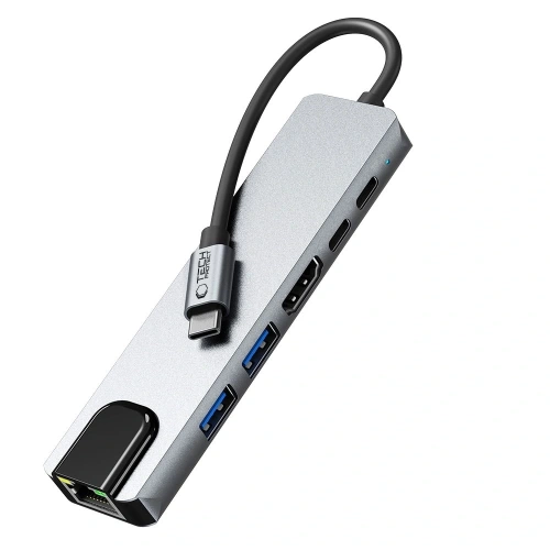 Kup Tech-Protect HB02 HUB Adapter 6in1 USB-C + USB-A 2.0 + USB-A 3.0 + HDMI 4K30Hz + Ethernet RJ45 + PD 100W Gri Spațial - THP3865 - {ean13} - Sklep Home Screen