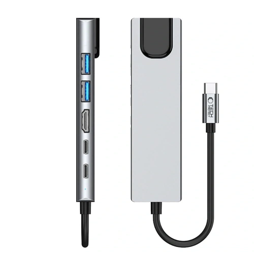 Kup Tech-Protect HB02 HUB Adapter 6in1 USB-C + USB-A 2.0 + USB-A 3.0 + HDMI 4K30Hz + Ethernet RJ45 + PD 100W Gri Spațial - THP3865 - {ean13} - Sklep Home Screen