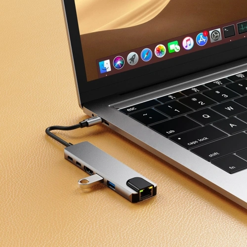 Kup Tech-Protect HB02 HUB Adapter 6in1 USB-C + USB-A 2.0 + USB-A 3.0 + HDMI 4K30Hz + Ethernet RJ45 + PD 100W Gri Spațial - THP3865 - {ean13} - Sklep Home Screen