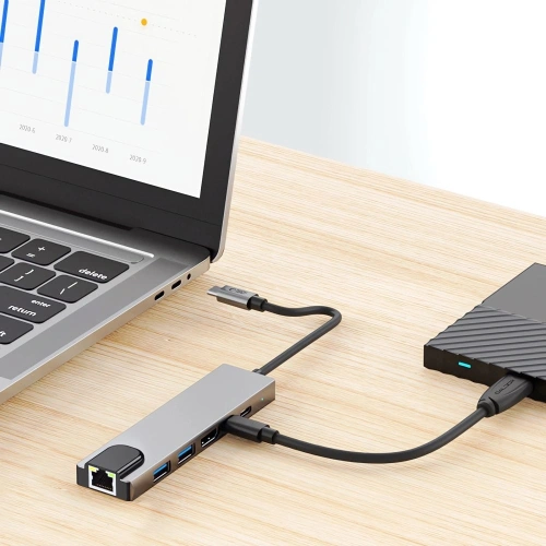 Kup Tech-Protect HB02 HUB Adapter 6in1 USB-C + USB-A 2.0 + USB-A 3.0 + HDMI 4K30Hz + Ethernet RJ45 + PD 100W Gri Spațial - THP3865 - {ean13} - Sklep Home Screen