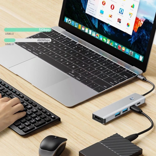 Kup Adapter Tech-Protect HB01 HUB 5in1 USB-C + USB-A 3.0 + HDMI 4K60Hz + PD 100W Space Grey - THP3866 - {ean13} - Sklep Home Screen