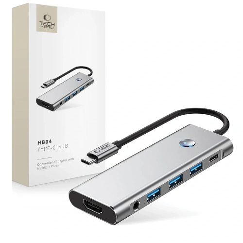 Kup Tech-Protect HB04 HUB Adapter 9in1 USB-C + USB-A 2.0 + USB-A 3.0 + HDMI 4K60Hz + SD/TF + PD 100W + Jack 3.5mm Gri Spațial - THP3867 - {ean13} - Sklep Home Screen