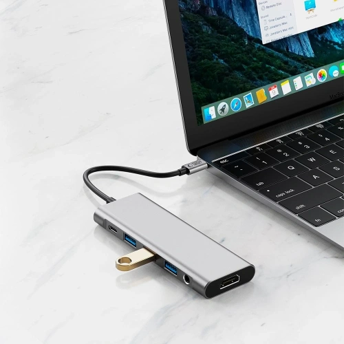 Kup Tech-Protect HB04 HUB Adapter 9in1 USB-C + USB-A 2.0 + USB-A 3.0 + HDMI 4K60Hz + SD/TF + PD 100W + Jack 3.5mm Gri Spațial - THP3867 - {ean13} - Sklep Home Screen