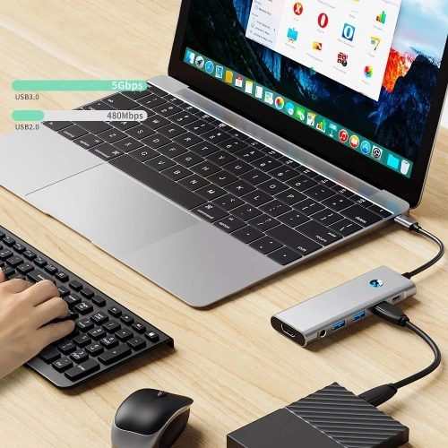 Kup Tech-Protect HB04 HUB Adapter 9in1 USB-C + USB-A 2.0 + USB-A 3.0 + HDMI 4K60Hz + SD/TF + PD 100W + Jack 3.5mm Gri Spațial - THP3867 - {ean13} - Sklep Home Screen