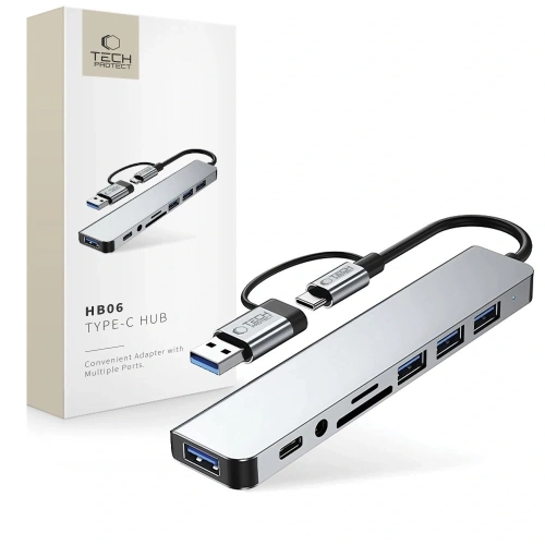 Kup Tech-Protect HB06 HUB Adapter 9in1 USB-C + USB-A 2.0 + USB-A 3.0 + SD/TF + Jack 3.5mm Weltraum Grau - THP3868 - {ean13} - Sklep Home Screen