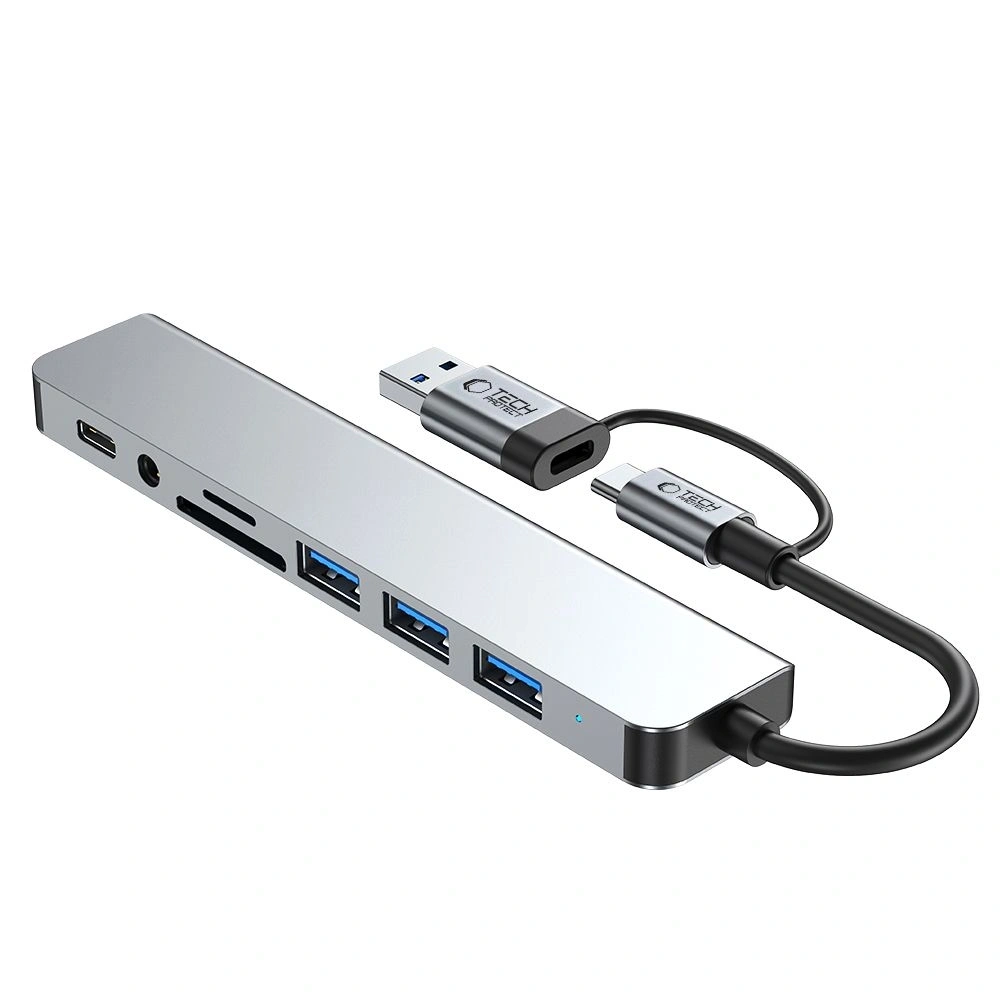 Adapter Tech-Protect HB06 HUB 9in1 USB-C + USB-A 2.0 + USB-A 3.0 + SD/TF + Jack 3.5mm Space Grey