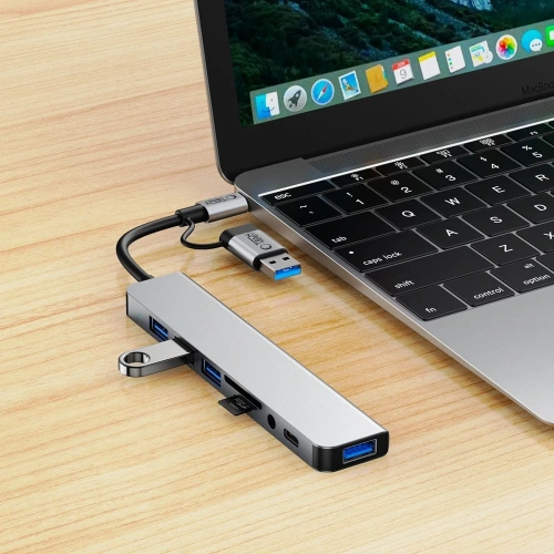 Kup Tech-Protect HB06 HUB Adapter 9in1 USB-C + USB-A 2.0 + USB-A 3.0 + SD/TF + Jack 3.5mm Weltraum Grau - THP3868 - {ean13} - Sklep Home Screen