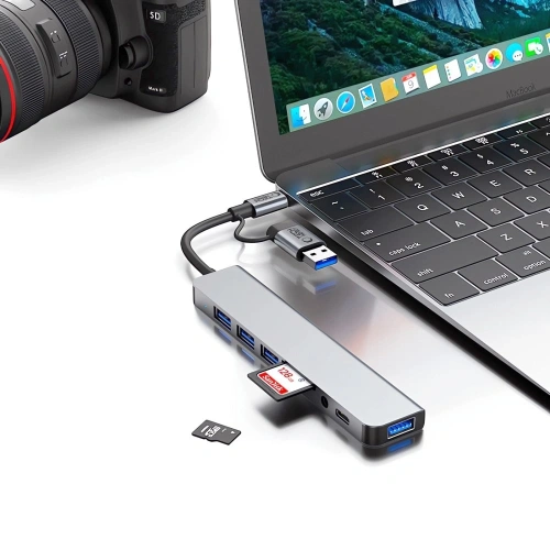 Kup Tech-Protect HB06 HUB Adapter 9in1 USB-C + USB-A 2.0 + USB-A 3.0 + SD/TF + Jack 3.5mm Weltraum Grau - THP3868 - {ean13} - Sklep Home Screen