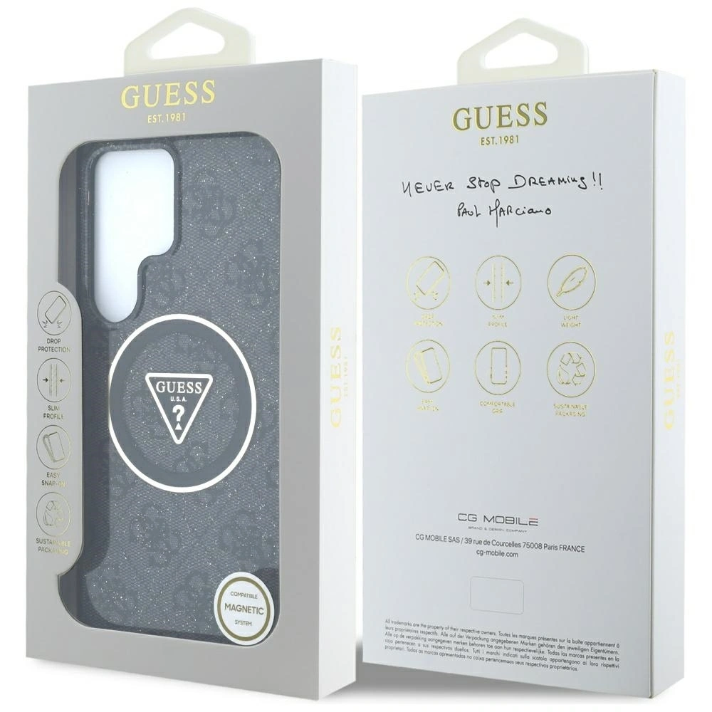 Etui Guess 4G Glitter Triangle Buttons MagSafe do Samsung Galaxy S25 Ultra czarny