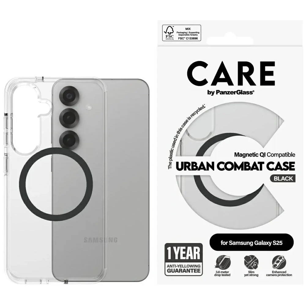Etui CARE by PanzerGlass Flagship Urban Combat Black QI do Samsung Galaxy S25 przezroczysty