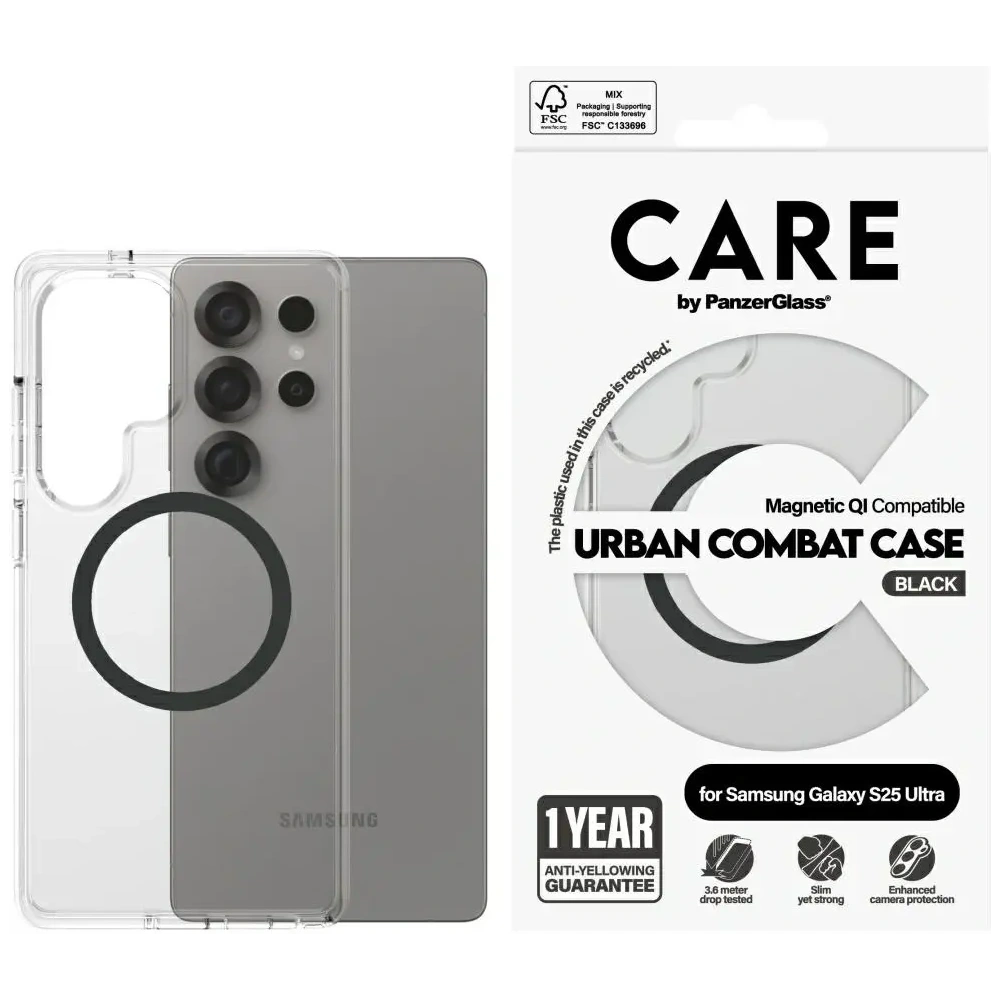Etui CARE by PanzerGlass Flagship Urban Combat Black QI do Samsung Galaxy S25 Ultra przezroczysty