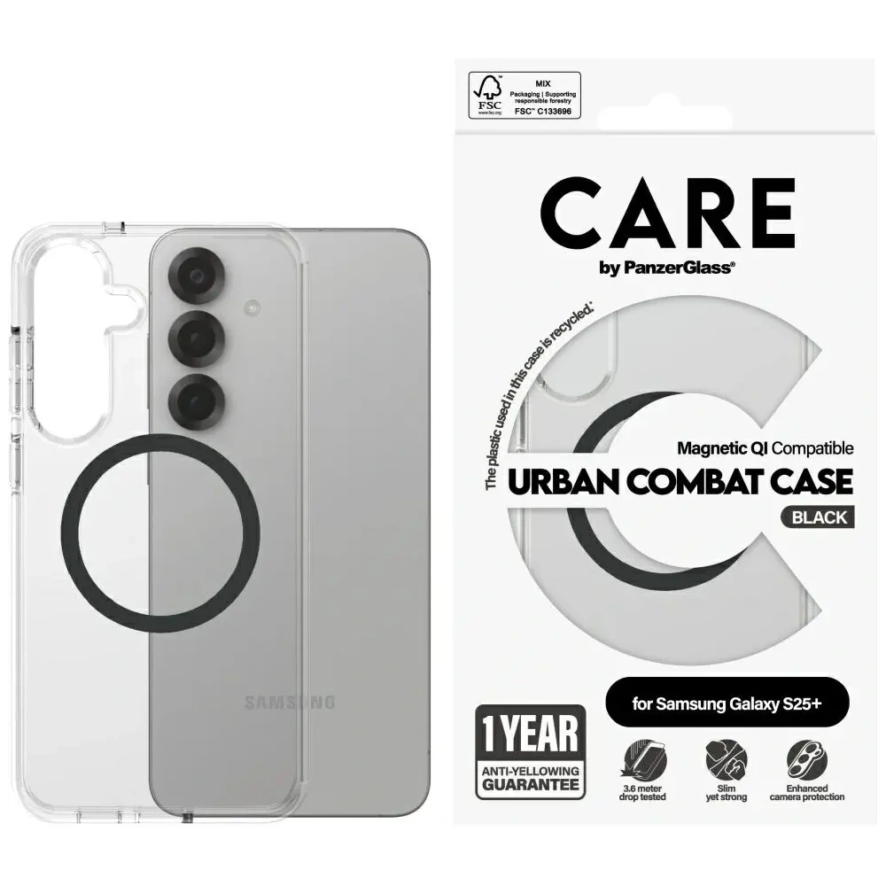 Etui CARE by PanzerGlass Flagship Urban Combat Black QI do Samsung Galaxy S25+ Plus przezroczysty
