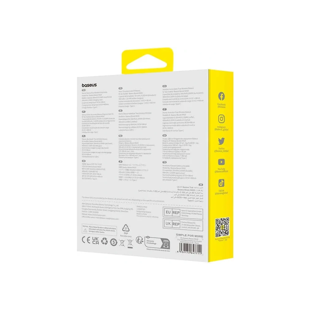 Bezprzewodowe słuchawki dokanałowe TWS Baseus Bowie MA20 ANC Bluetooth 5.3 IPX6 (czarne)