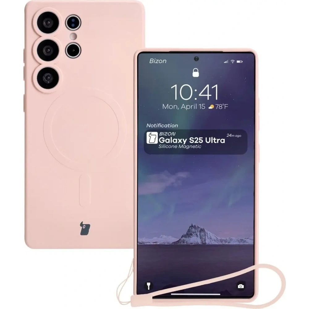 Silikonowe etui z pierścieniem magnetycznym Bizon Case Silicone Magnetic do Samsung Galaxy S25 Ultra jasnoróżowe