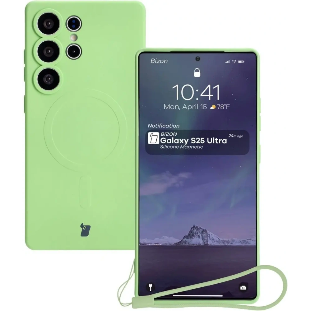 Silikonowe etui z pierścieniem magnetycznym Bizon Case Silicone Magnetic do Samsung Galaxy S25 Ultra jasnozielone