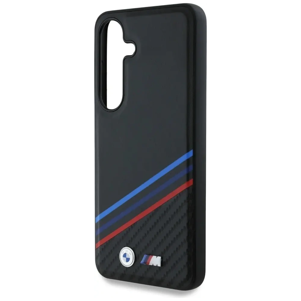 Etui BMW Leather Tricolor Crossing Stripes MagSafe do Samsung Galaxy S25 czarny