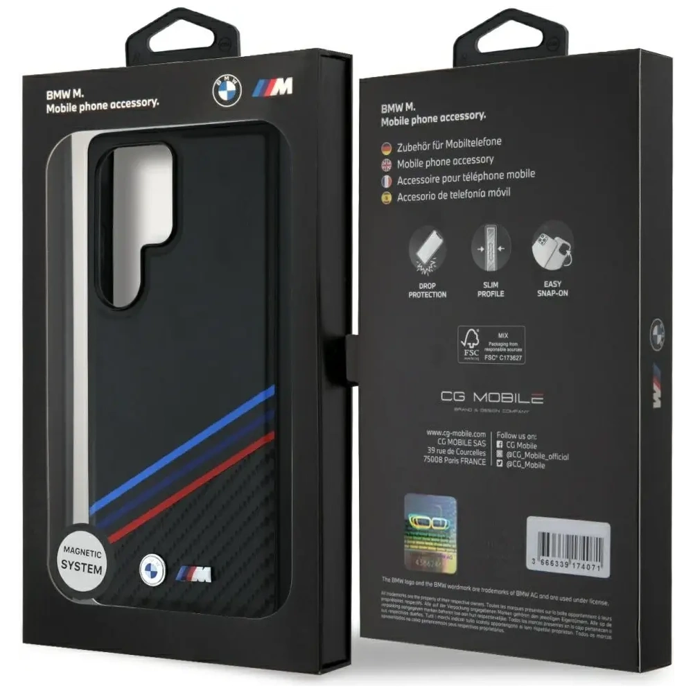 Etui BMW Leather Tricolor Crossing Stripes MagSafe do Samsung Galaxy S25 Ultra czarny