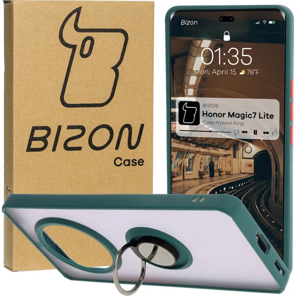 Etui z uchwytem na palec Bizon Case Hybrid Ring do Honor Magic7 Lite przydymione z ciemnozieloną ramką