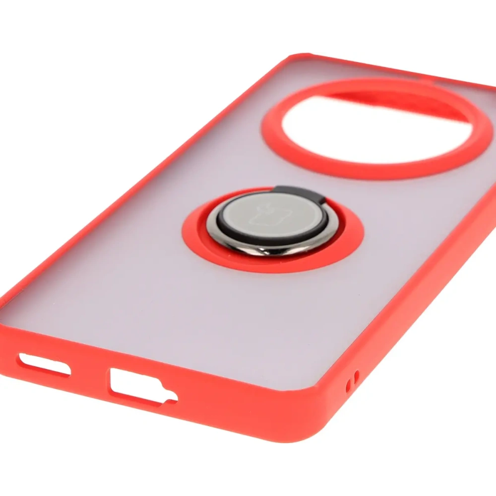Etui z uchwytem na palec Bizon Case Hybrid Ring do Honor Magic7 Lite przydymione z czerwoną ramką