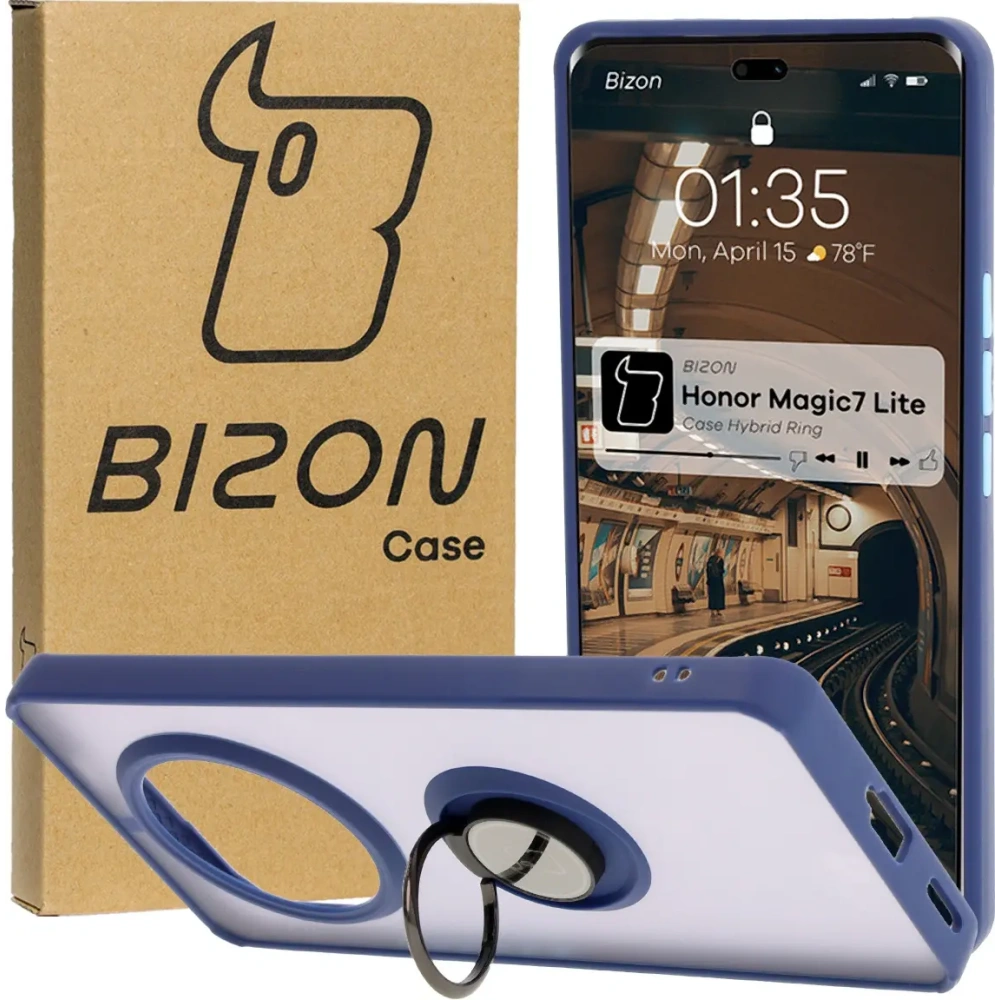 Etui z uchwytem na palec Bizon Case Hybrid Ring do Honor Magic7 Lite przydymione z granatową ramką