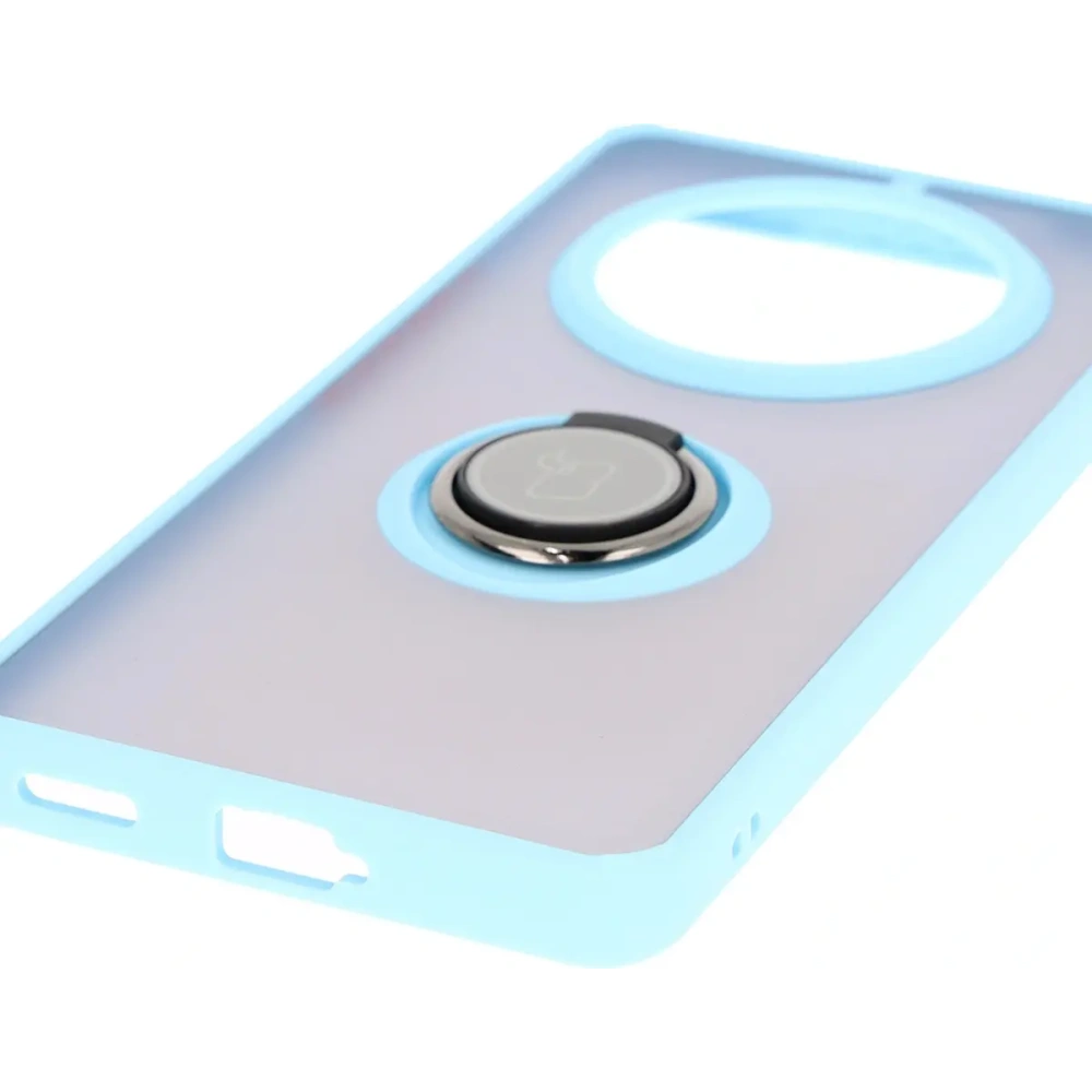 Etui z uchwytem na palec Bizon Case Hybrid Ring do Honor Magic7 Lite przydymione z jasnoniebieską ramką