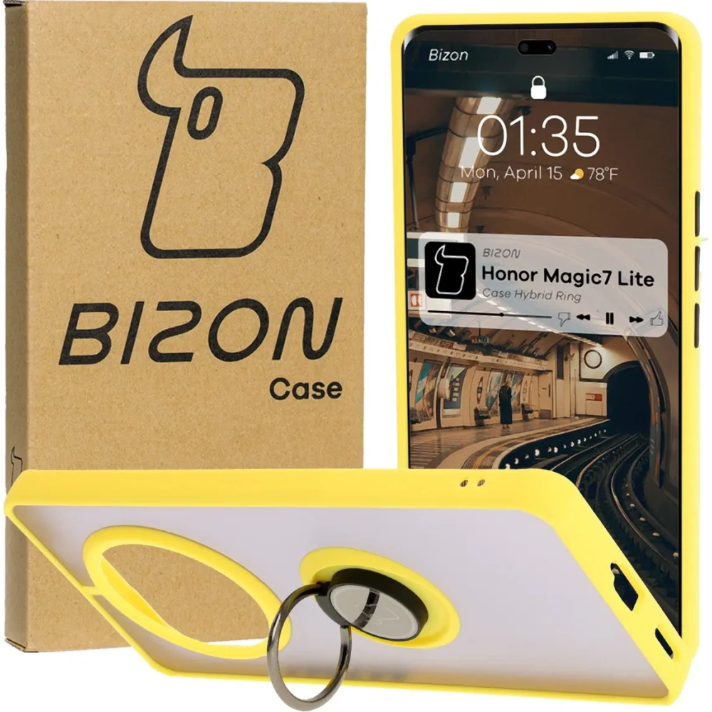 Etui z uchwytem na palec Bizon Case Hybrid Ring do Honor Magic7 Lite przydymione z żółtą ramką