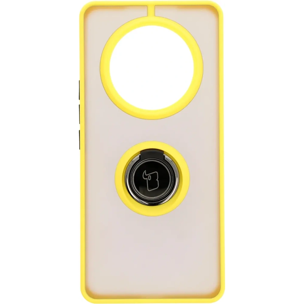 Etui z uchwytem na palec Bizon Case Hybrid Ring do Honor Magic7 Lite przydymione z żółtą ramką