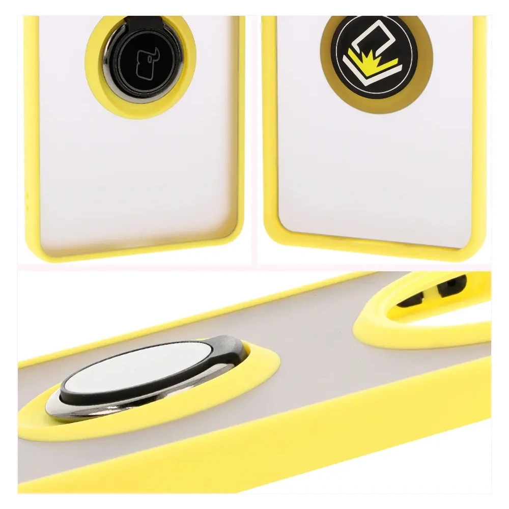 Etui z uchwytem na palec Bizon Case Hybrid Ring do Honor Magic7 Lite przydymione z żółtą ramką