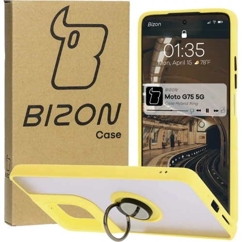 Kup Etui z uchwytem na palec Bizon Case Hybrid Ring do Motorola Moto G75 5G kouřové s žlutým rámečkem - BIZ8312 - {ean13} - Sklep Home Screen