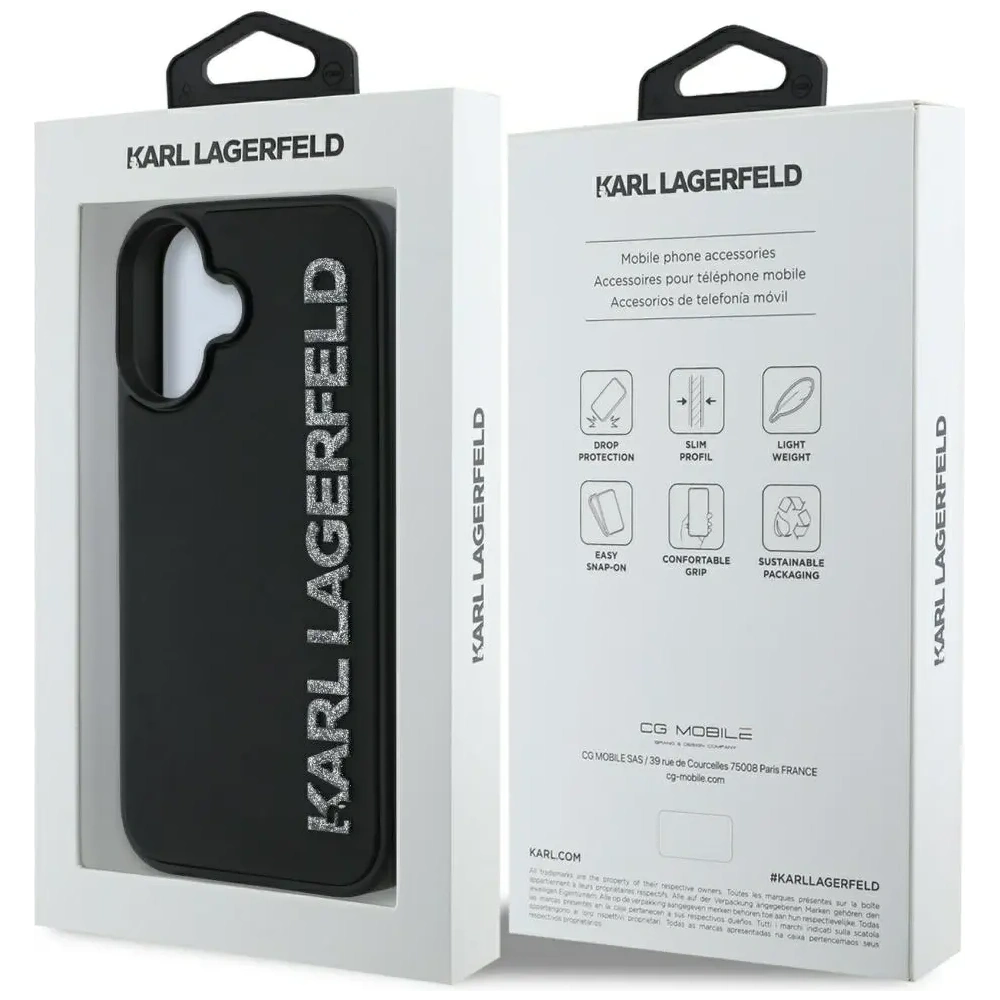Etui Karl Lagerfeld HC 3D Rubber Elongated Glitter do Apple iPhone 16 czarny