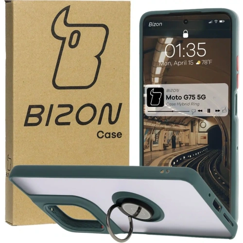 Kup Etui z uchwytem na palec Bizon Case Hybrid Ring do Motorola Moto G75 5G zakouřené s tmavě zeleným rámečkem - BIZ8322 - {ean13} - Sklep Home Screen